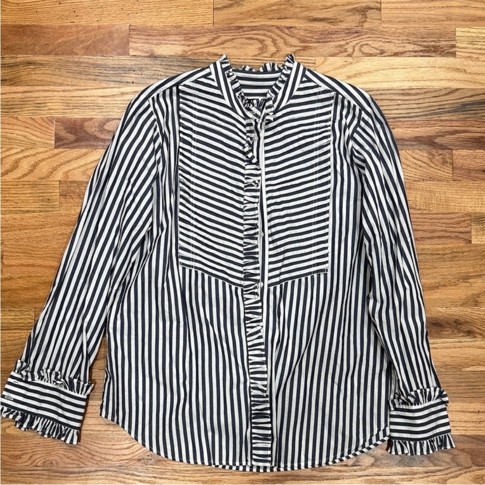 JCrew tuxedo front ruffle stipe S